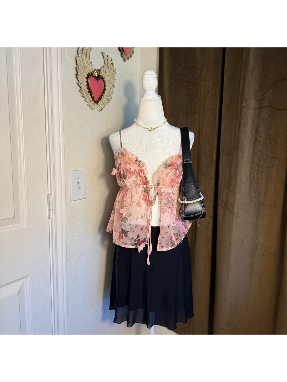 Y2K Sheer 3D Floral Chiffon Babydoll Cami Top Rose Print Fairycore Coquette